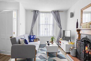 TV connectée, cheminée, livres, chaîne hi-fi