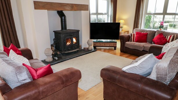 A living room with a fireplace, a television, and two brown leather sofas with red and white cushions. - Gunn's Cottage (Enniskillen)