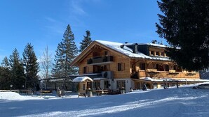 A wooden chalet with a balcony, surrounded by snow and trees. - Rifugio La Montanara (Molveno)
