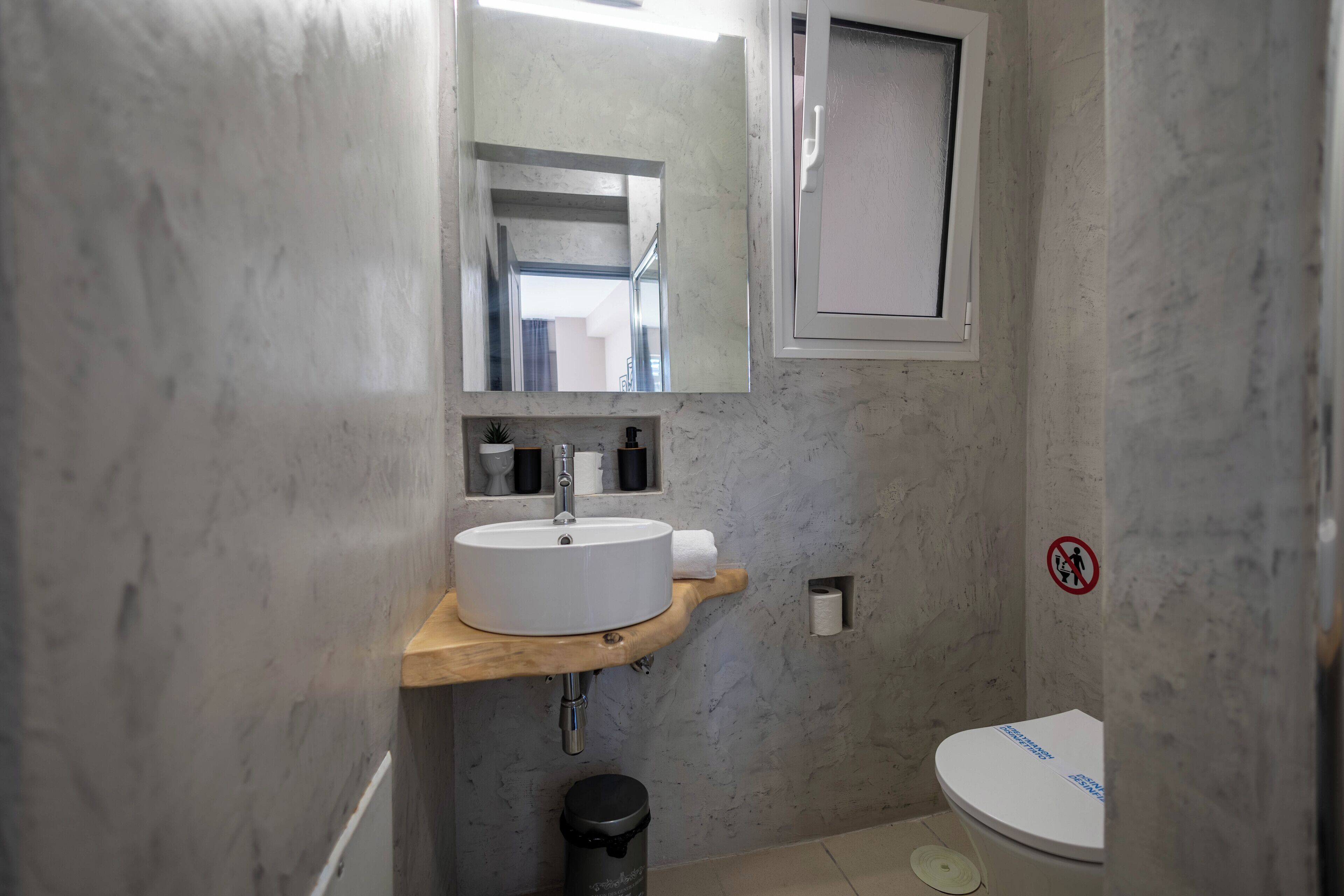 A bathroom with a white sink, a mirror, a toilet, and a trash bin.