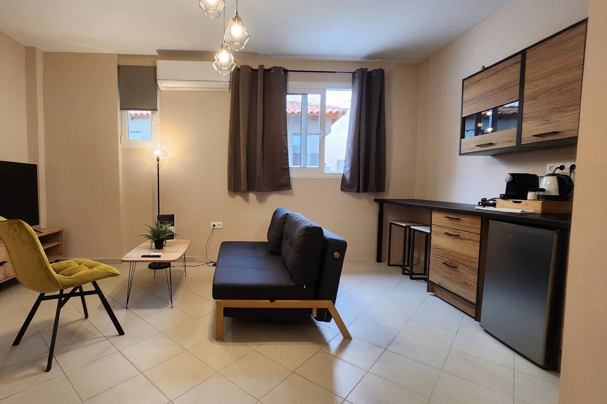 Un espace de vie compact comprenant un canapé, un fauteuil jaune, un téléviseur, une petite table avec une plante, et une kitchenette équipée d’un réfrigérateur et d’une machine à café.