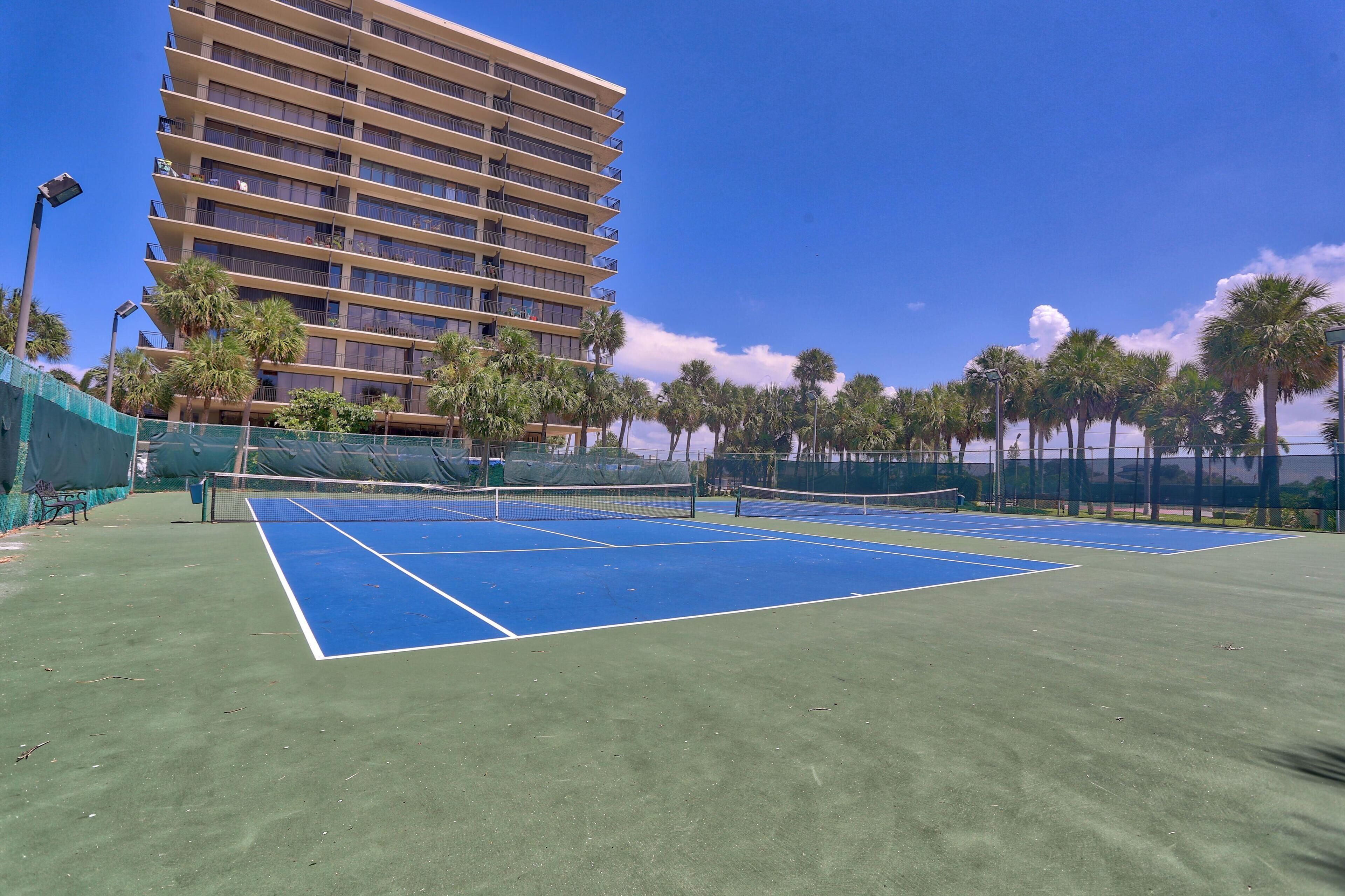 An outdoor tennis court with a net, surrounded by palm trees and a multi-story building in the background.