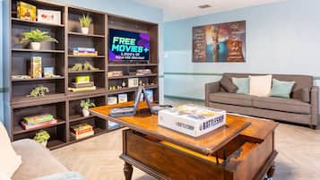 Smart TV, foosball, table tennis, books