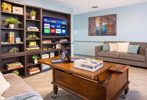 Smart TV, table football, ping pong, books