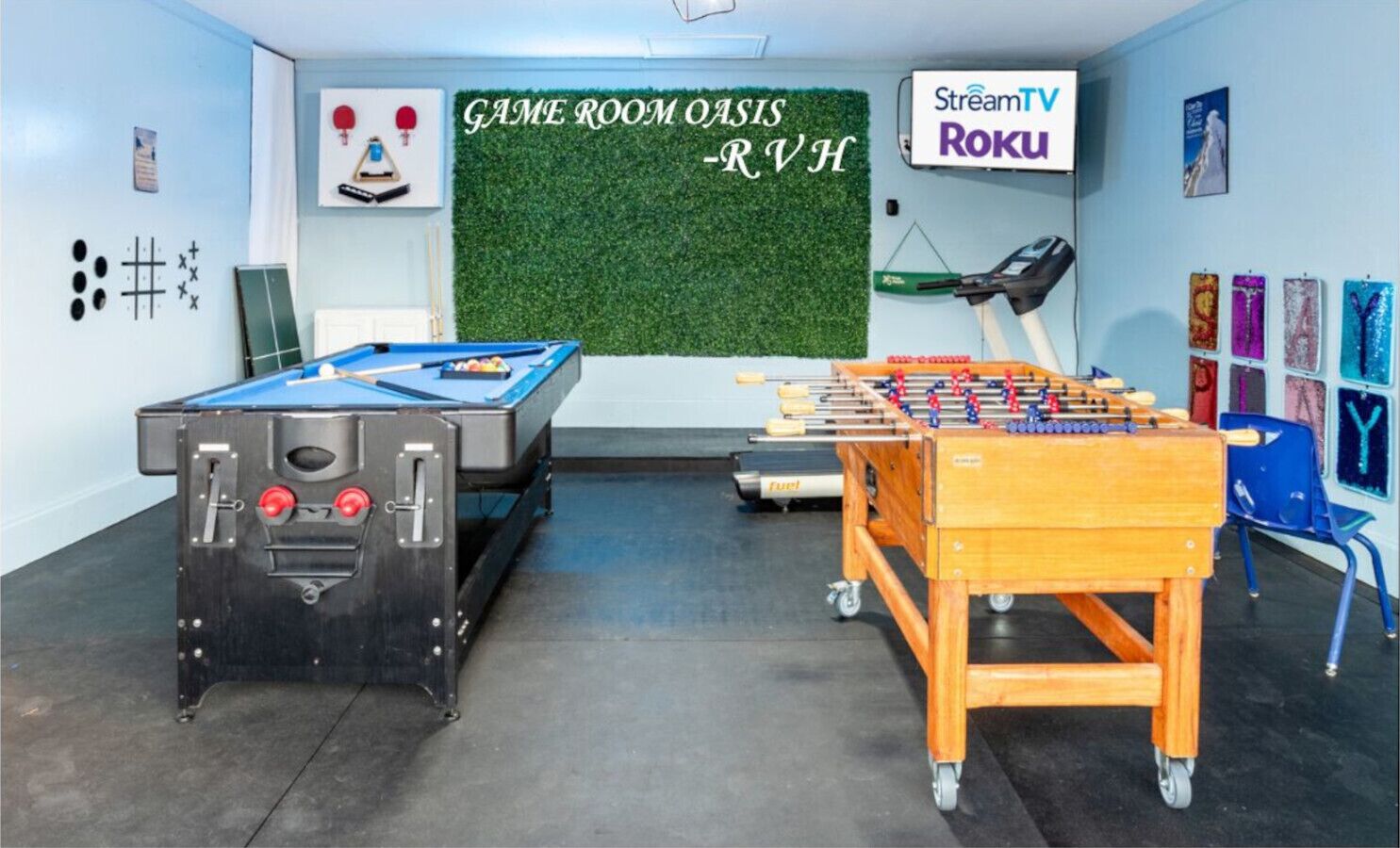 Multiple options for connecting in the gameroom+ 48` streaming TV + clover wall.