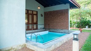 A swimming pool with a metal ladder, surrounded by a concrete deck, a brick wall, and a covered area with a wooden door. - Villa Mandari (Dharga Town)