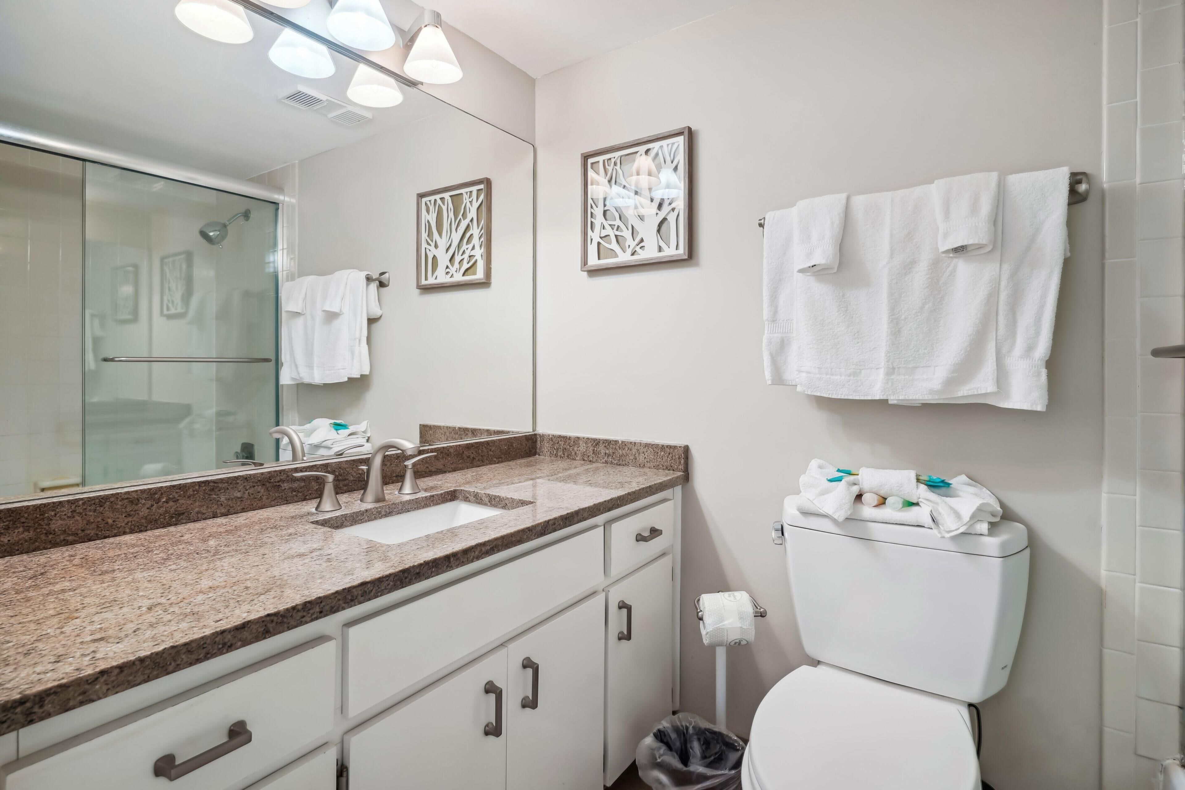 Een moderne badkamer met een granieten blad, een grote spiegel, een toilet en twee handdoekrekken aan de muur.