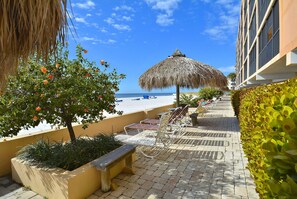 A beachside patio with lounge chairs, a thatched umbrella, and a view of the ocean. - Villa Madeira 208 (Madeira Beach)