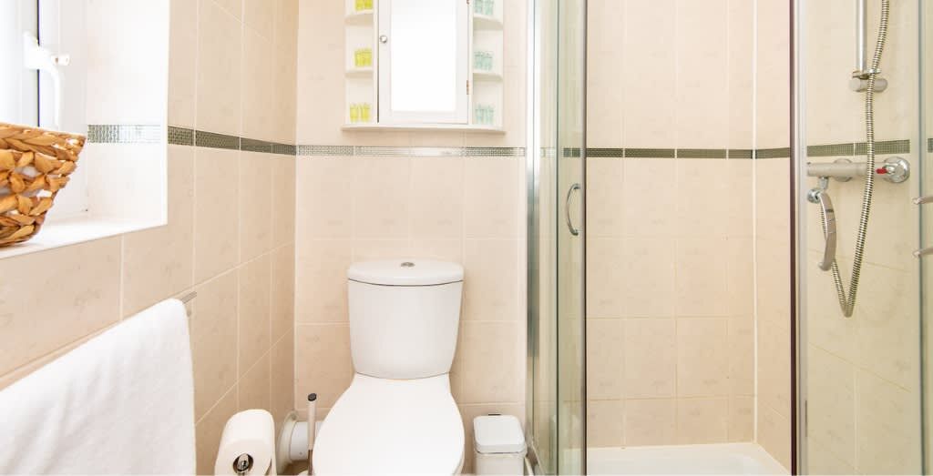 A bathroom with a toilet, a glass shower enclosure, and a white sink.