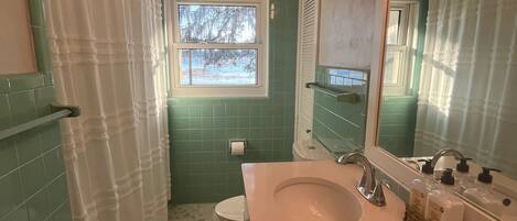 Une salle de bain avec des toilettes, un lavabo et un grand miroir. Il y a une fenêtre donnant sur des arbres et un rideau de douche.