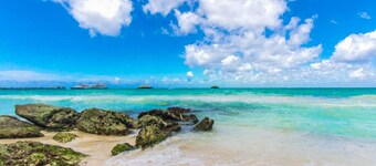 Modern penthouse with open layout, rooftop pool, jetted tub, gym, W/D, & balcony