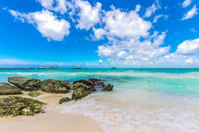 Modern penthouse with open layout, rooftop pool, jetted tub, gym, W/D, & balcony