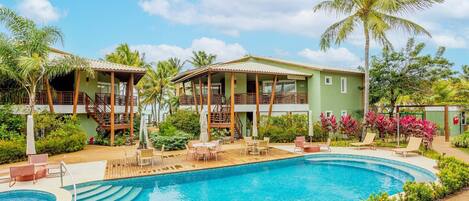 Outdoor pool, pool umbrellas, pool loungers