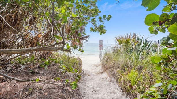A sandy path leading to a beach with dense vegetation on both sides. - Beach Livin - All (Treasure Island)