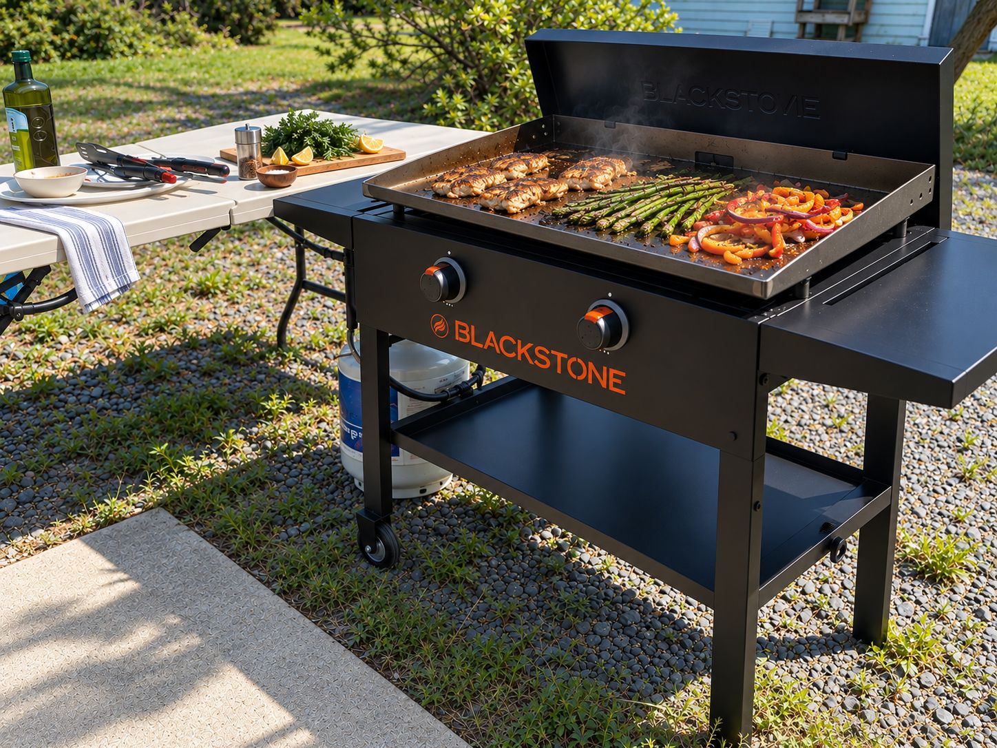 Ein BLACKSTONE tragbarer Grill mit Tisch und Besteck, auf einem Kiesgrund platziert.