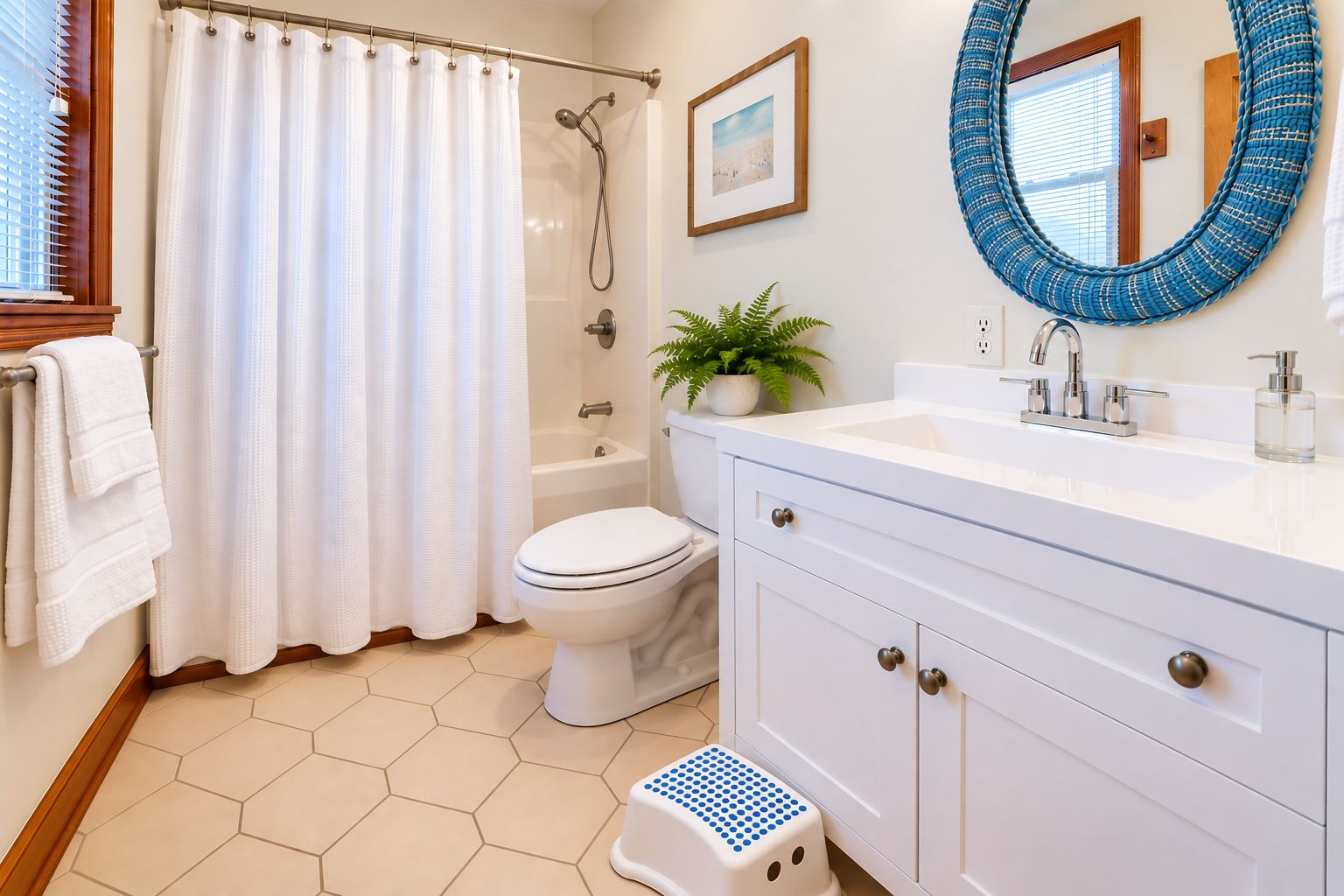 A bathroom with a shower, toilet, sink, and a step stool.
