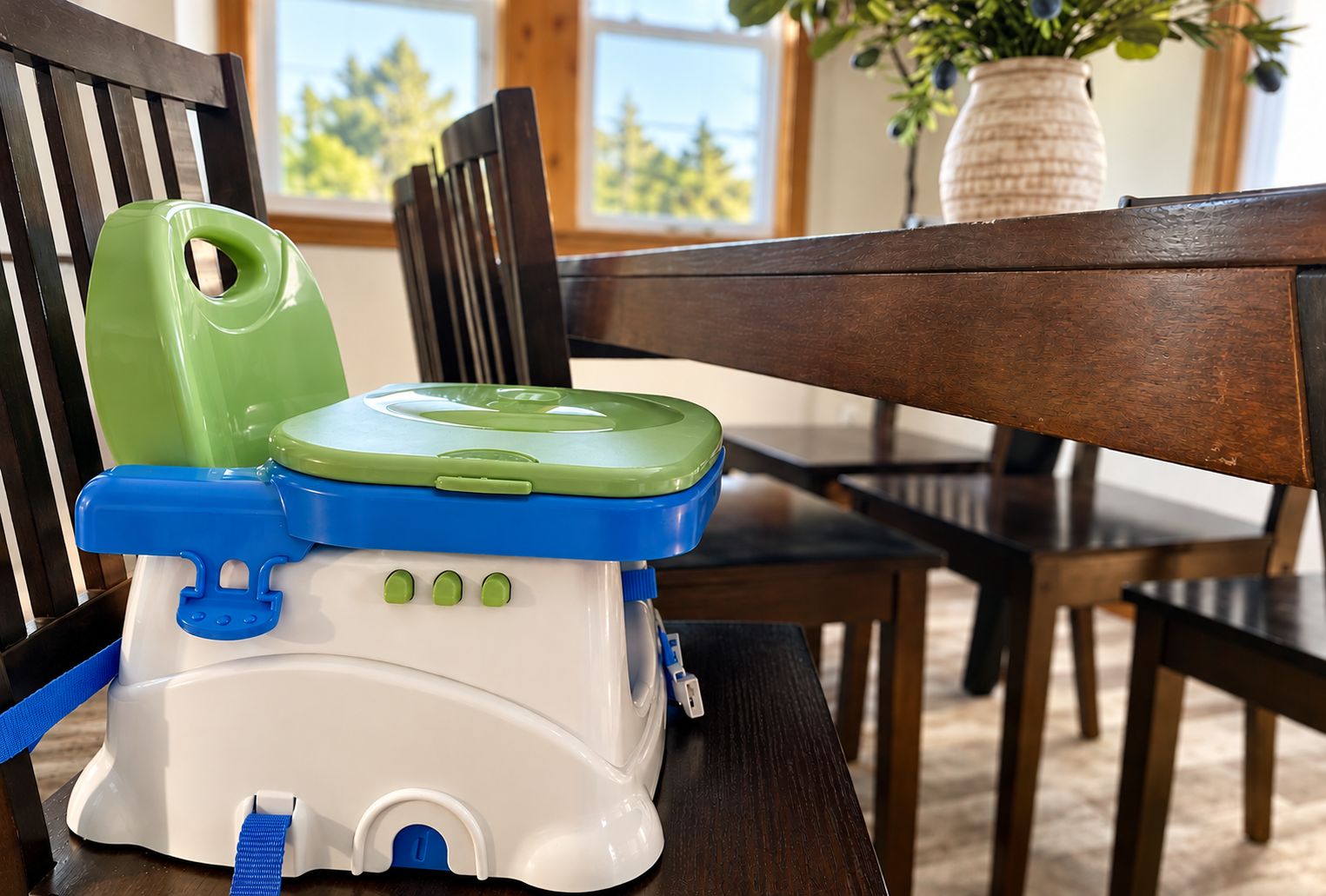 A portable child seat with a green and blue lid, placed on a wooden chair.