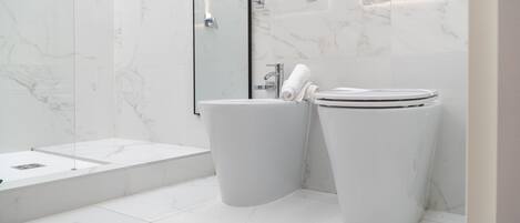 Douche, baignoire à remous, séchoir à cheveux, bidet