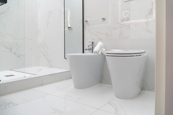 Shower, jetted tub, hair dryer, bidet