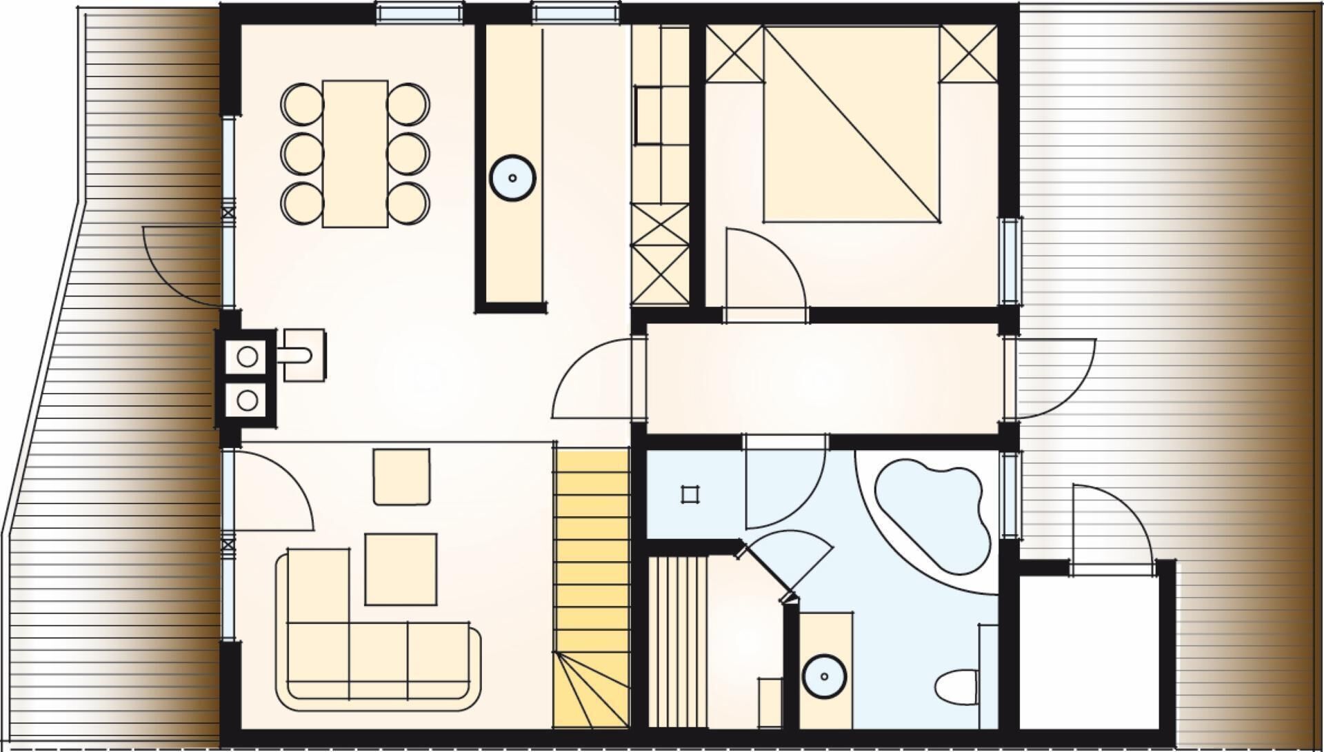 Plano de planta que muestra una sala de estar, comedor, cocina, baño y un pequeño balcón.