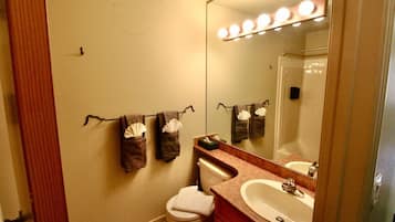 Hair dryer, towels, soap, toilet paper