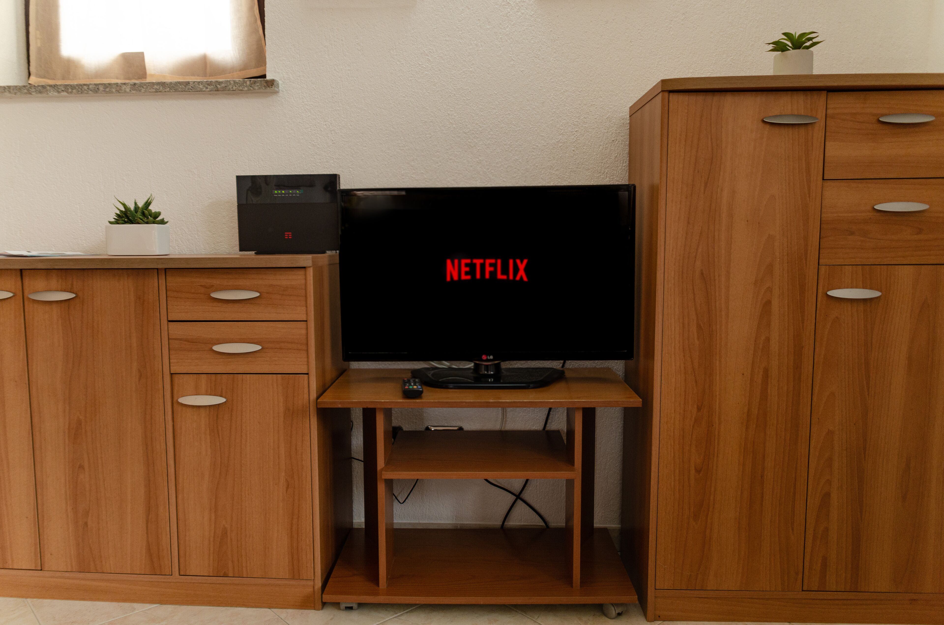 En TV-möbel i trä med en platt-TV som visar Netflix-logotypen, en liten växt och en svart elektronisk apparat.