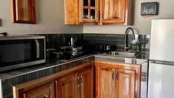 Fridge, microwave, stovetop, electric kettle