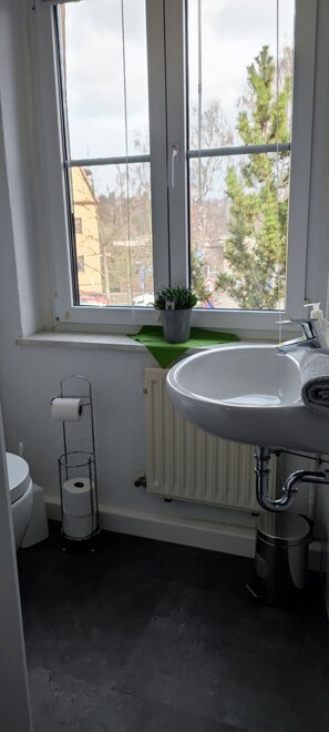 Dusch, handdukar, tvål och toalettpapper