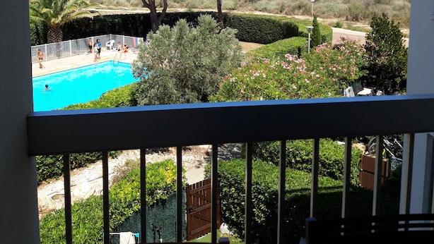 Vista desde un balcón con vista a una piscina, un árbol grande y una masa de agua distante.