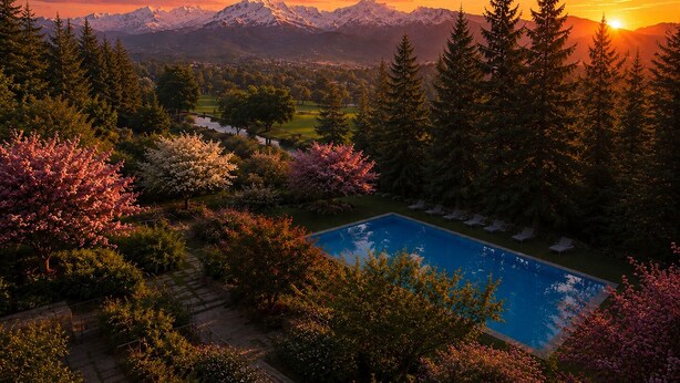 Une piscine entourée d’arbres, avec des montagnes en arrière-plan.