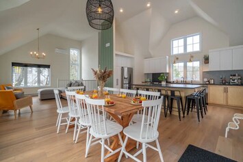 View of the dining room and kitchen