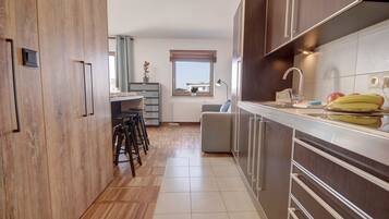 Studio Basic | Dapur kecil pribadi | Lemari es besar, kompor, dan ketel listrik