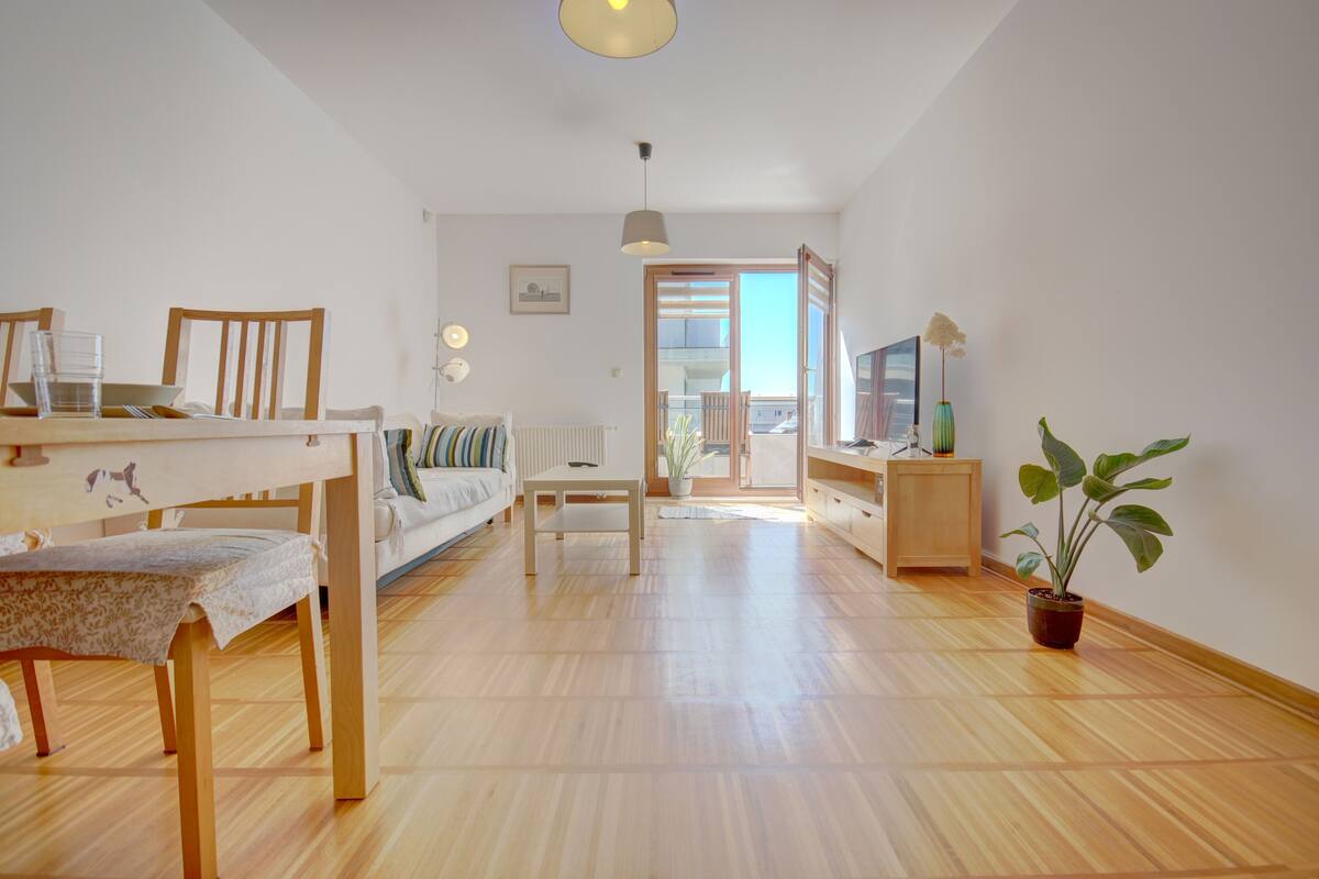A spacious living room with a wooden floor, a sofa, a dining table, and a potted plant.