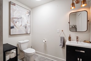 Hair dryer, towels, soap, toilet paper