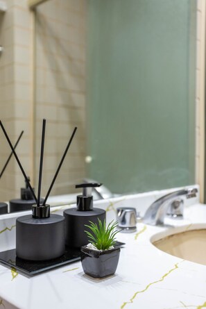Shower, hair dryer, towels, shampoo