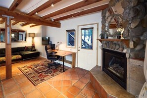 Smart TV, fireplace, books, stereo