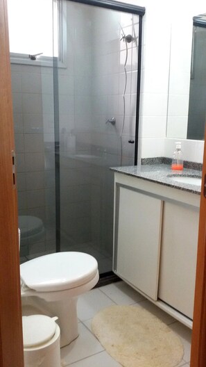 Hair dryer, towels, soap, shampoo
