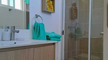 Shower, hair dryer, towels, soap