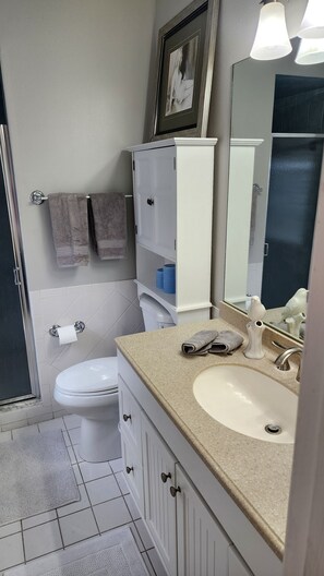 Een badkamer met toilet, wastafel en kast.