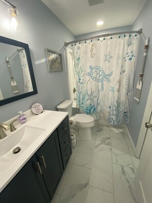 Douche, sèche-cheveux, serviettes fournies, savon
