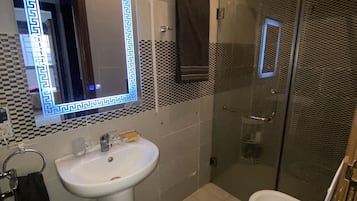 Hair dryer, towels, soap, shampoo