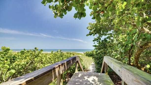 A wooden pathway leading to a beach, surrounded by greenery. - Luxury 2BD 2BTH - Condo #5 (Cocoa Beach)