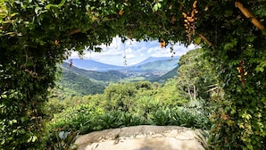 Ein steiniger Weg schlängelt sich durch einen üppigen Garten mit dichtem Grün und bietet einen Blick auf das ferne Bergpanorama.