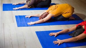 Three people performing yoga on blue mats in a room with wooden flooring.