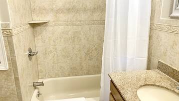 Hair dryer, towels, soap, shampoo