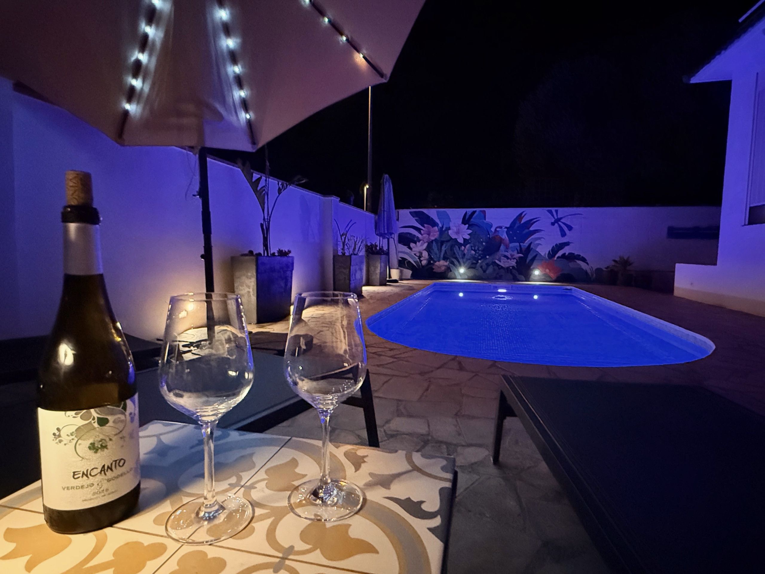 A poolside setting with a bottle of wine, two glasses, and a table with a patterned tablecloth.