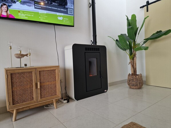 Una habitación con estufa moderna, un mueble de madera con puertas de vidrio y una planta grande en maceta.
