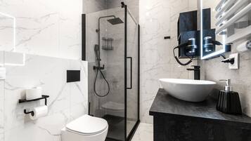 A modern bathroom with a glass-enclosed shower, a white toilet, a black vanity with a large sink, and a mirror above the vanity.