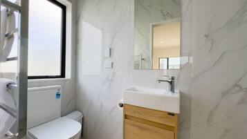 Shower, hair dryer, towels, soap