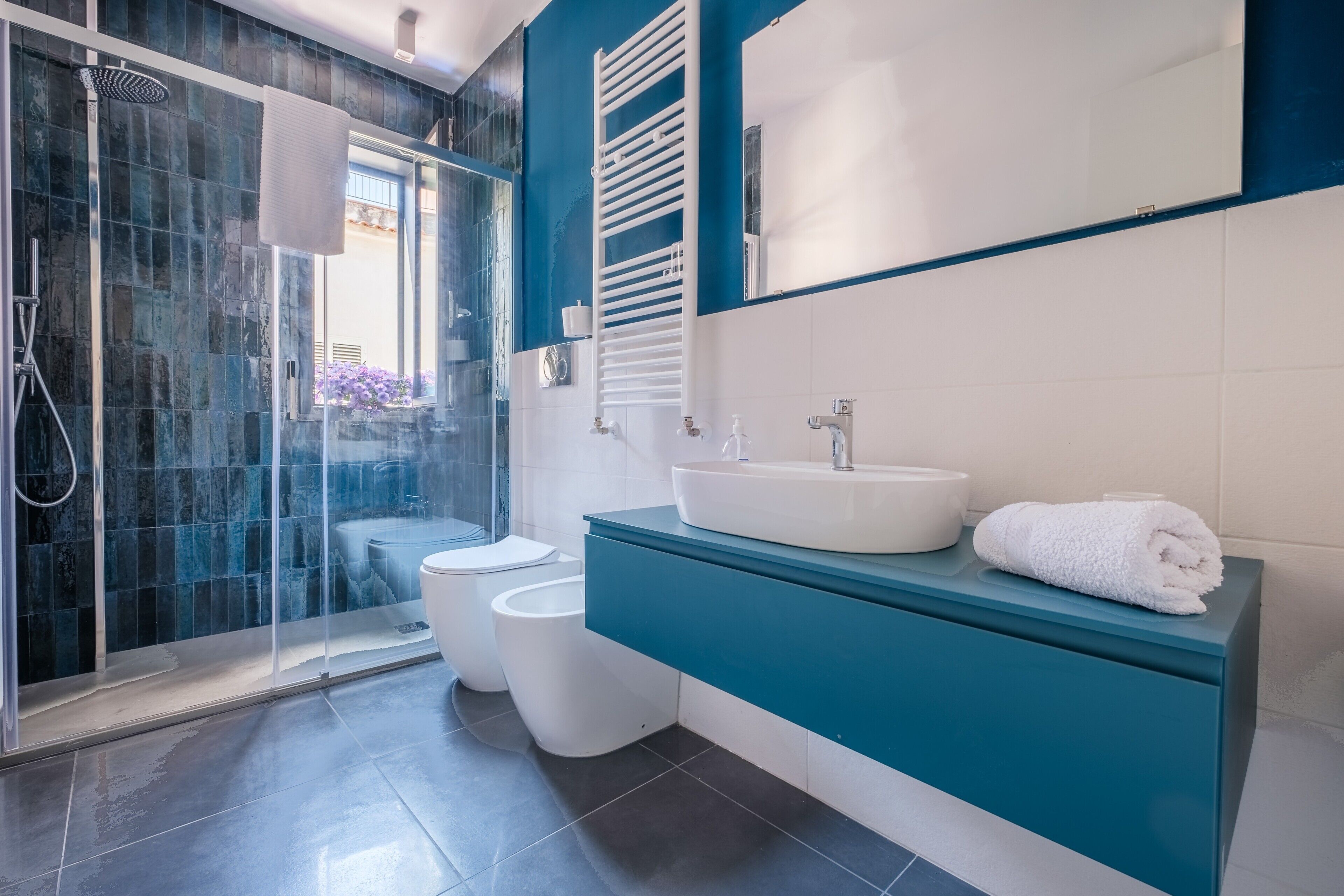 Shower, hair dryer, towels